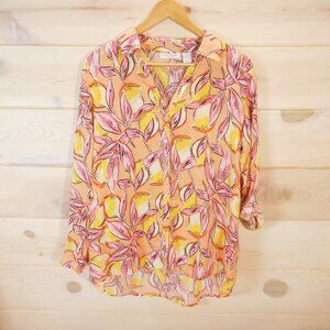 Isaac Mizrahi Women's M 100% Linen Shirt Lemon Print Button-up Roll-tab Sleeve
